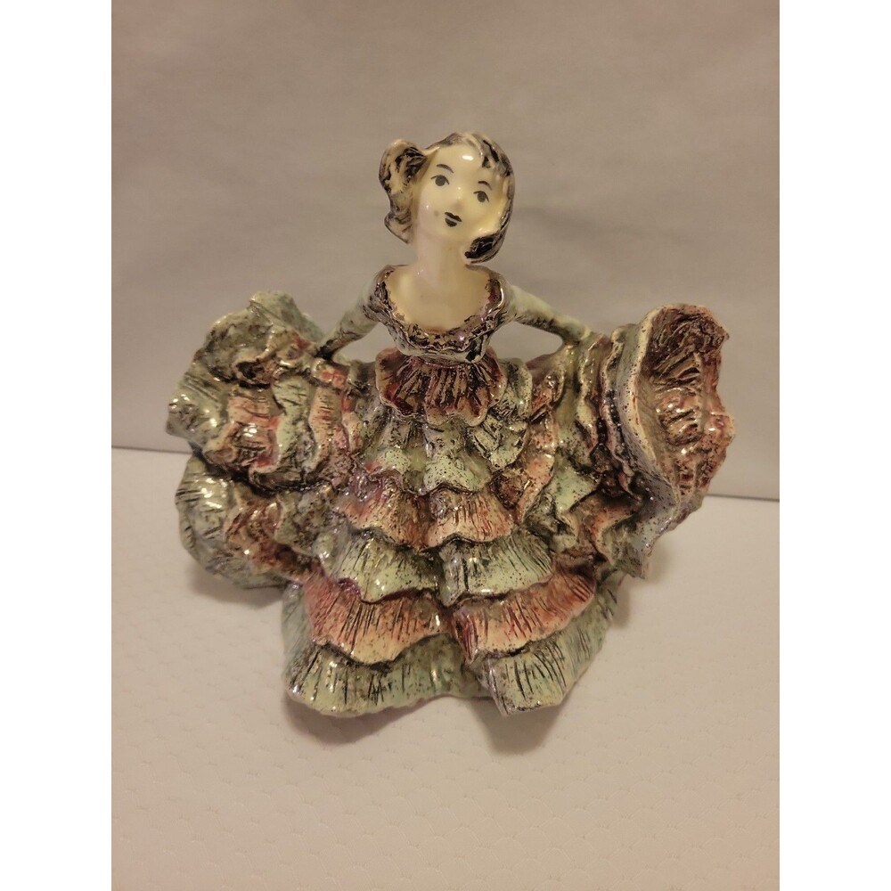 Hedi Schoop Ruffle Dress Dancer Woman Planter - Pink Green White w/ Gold Accents